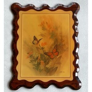 Vintage Large Wooden Lacquered Lena Liu Butterfly Print Wall Hanging Retro Decor